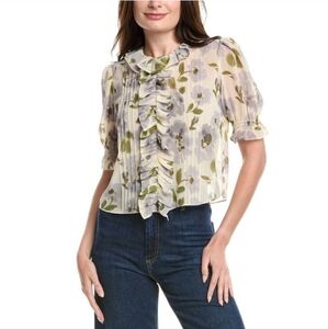 CAbi Floral Ruffle Blouse - Cream and Green